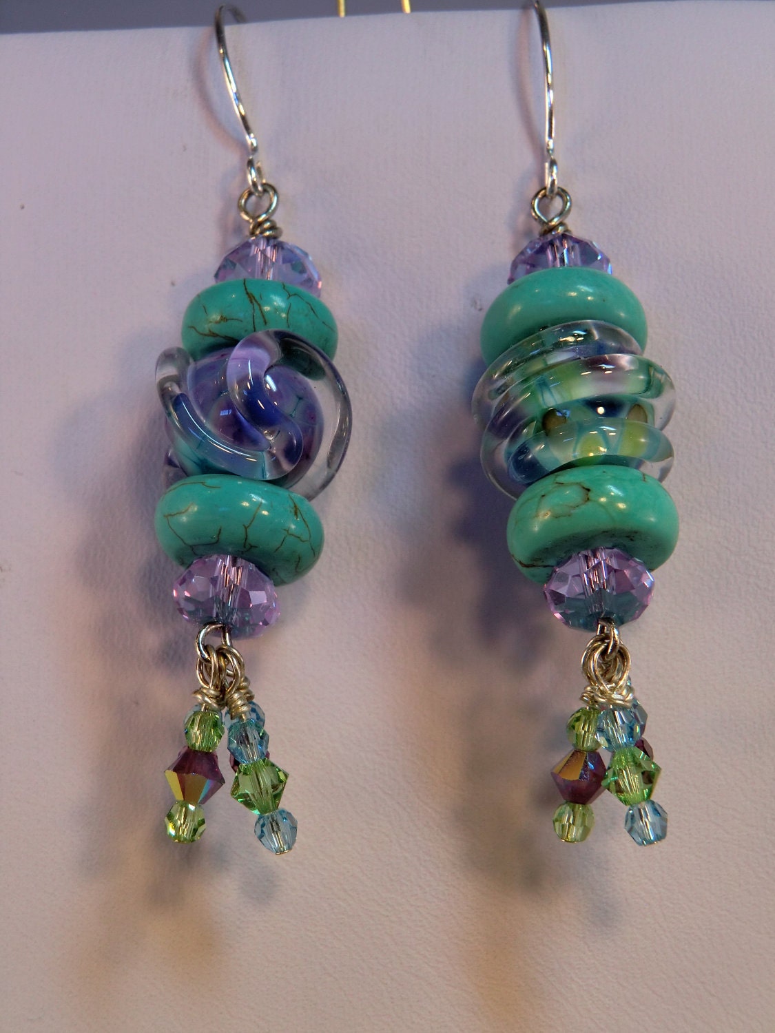 Lavender and turquoise lampwork swirly earrings, aqua and purple swirl beaded earrings with crystals