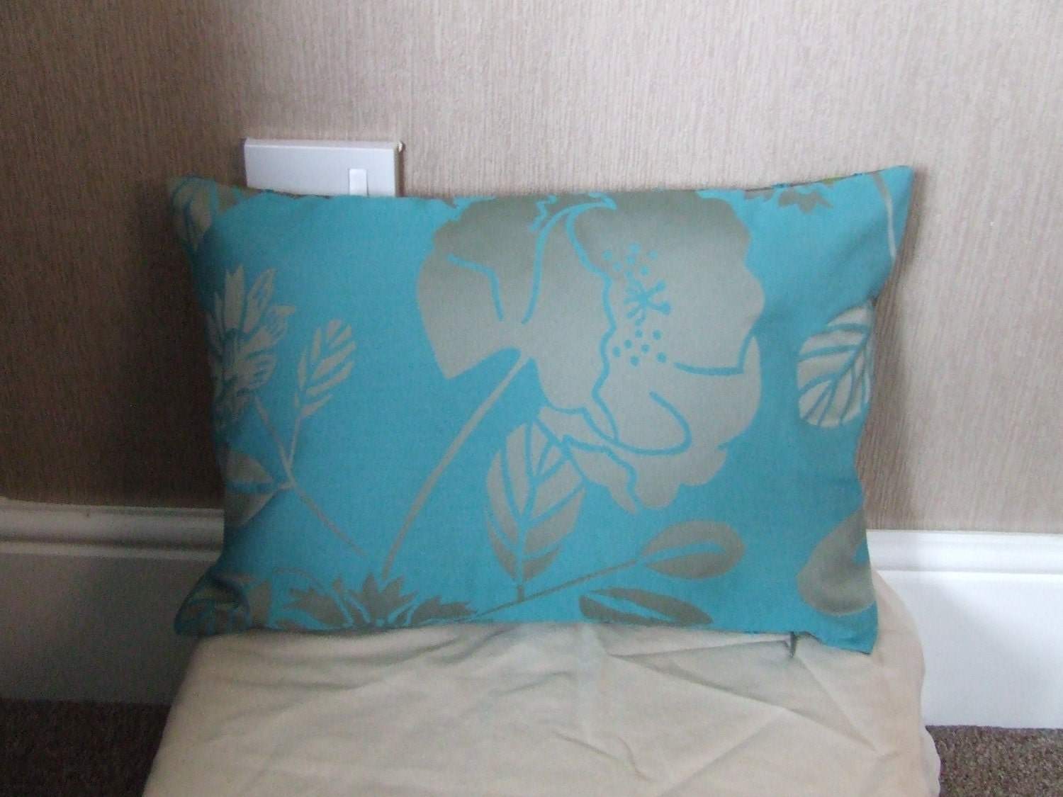 16" X 12" Handmade contemporary modern turquoise green flowered cushion cover, pillow, pillow case, scatter cushion.