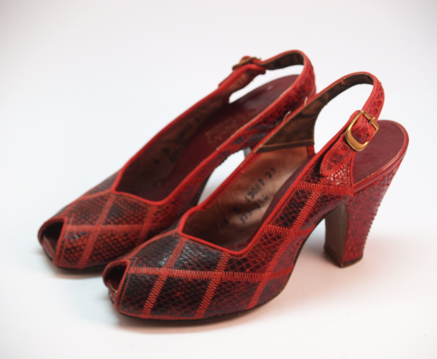 40s red snakeskin heels sling back peep toe size 6