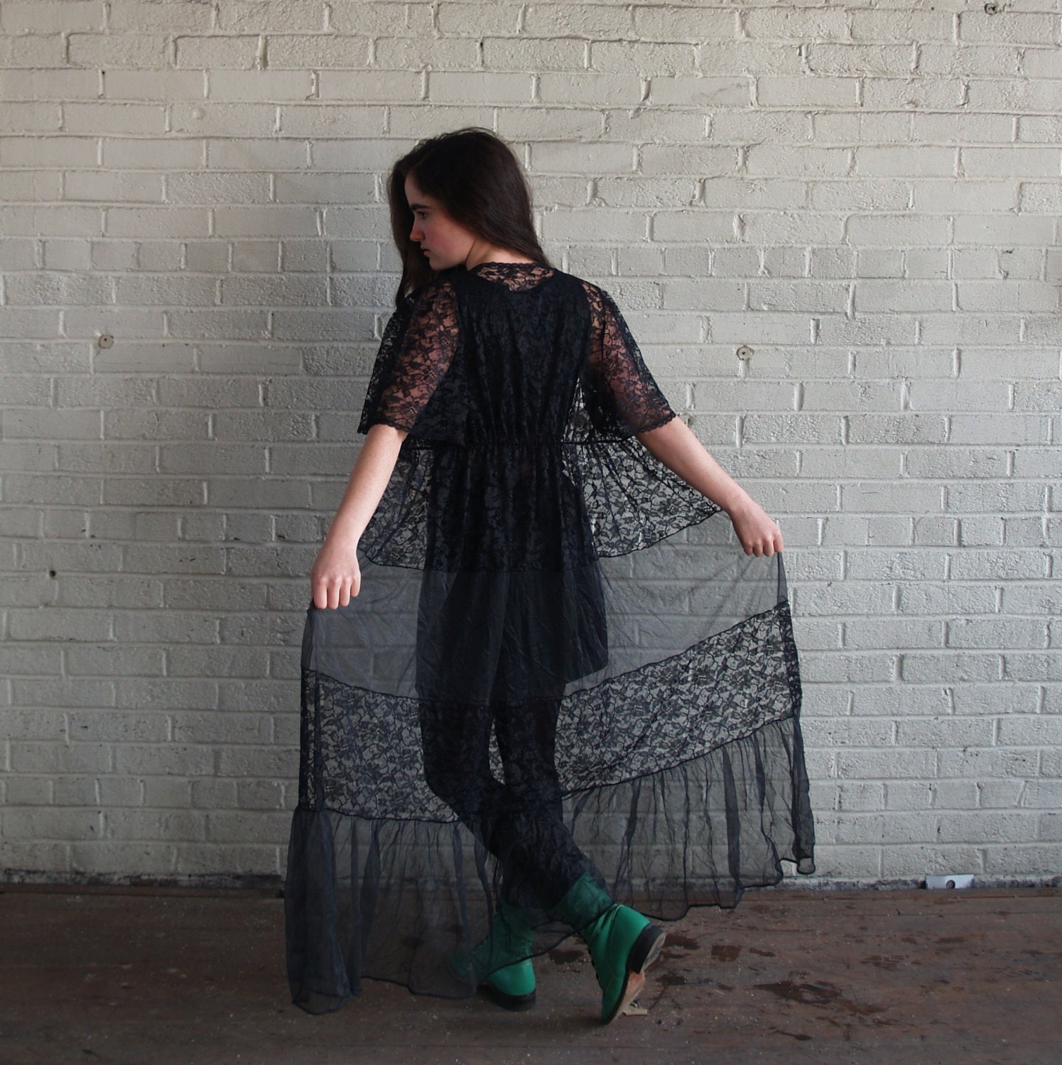 RESERVED for gretadavis 60s black sheer lace robe large