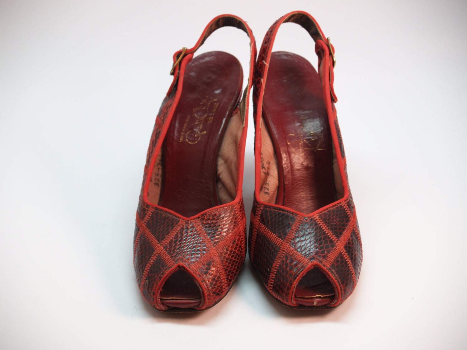 40s red snakeskin heels sling back peep toe size 6