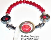 Women's Bracelet  Genuine Coral, Hematite and Clear Quartz
