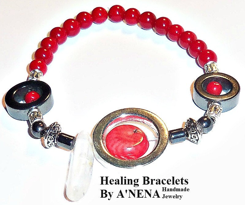 Women's Bracelet  Genuine Coral, Hematite and Clear Quartz