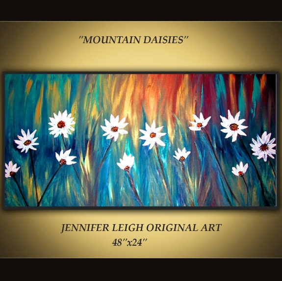 Original Large Abstract Painting Modern Contemporary Canvas Art Gold Red Blue Floral "MOUNTAIN DAISIES" 48x24 Texture Oil by J.LEIGH