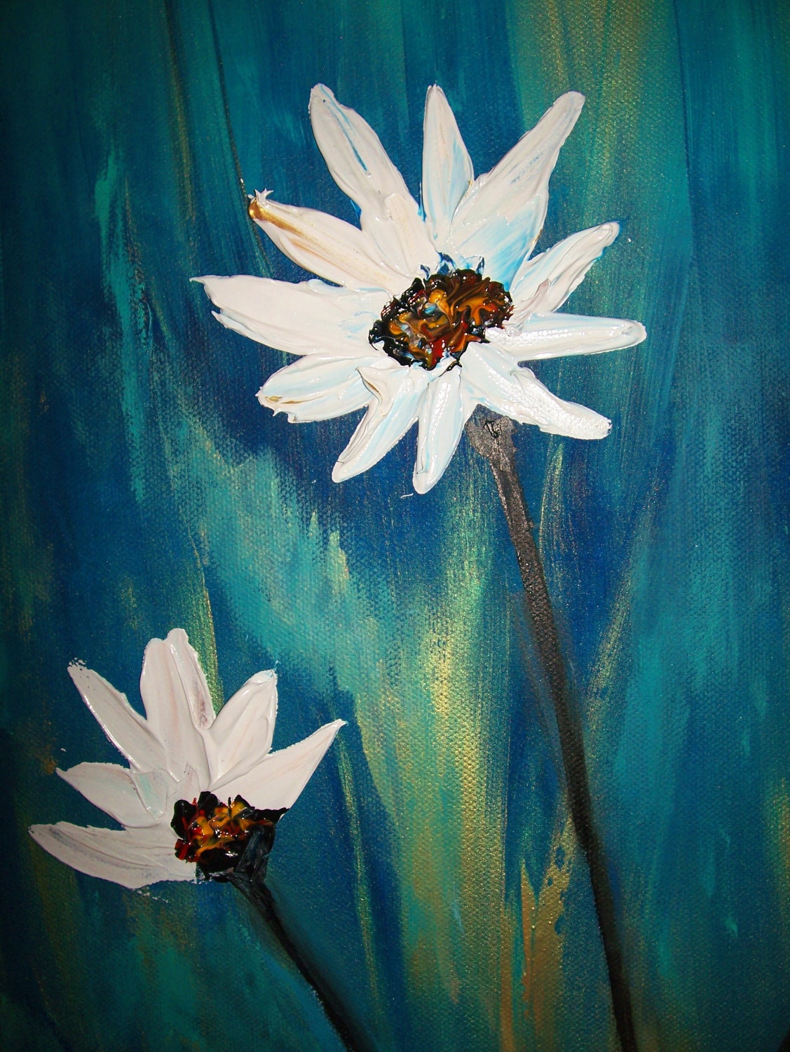 Original Large Abstract Painting Modern Contemporary Canvas Art Gold Red Blue Floral "MOUNTAIN DAISIES" 48x24 Texture Oil by J.LEIGH