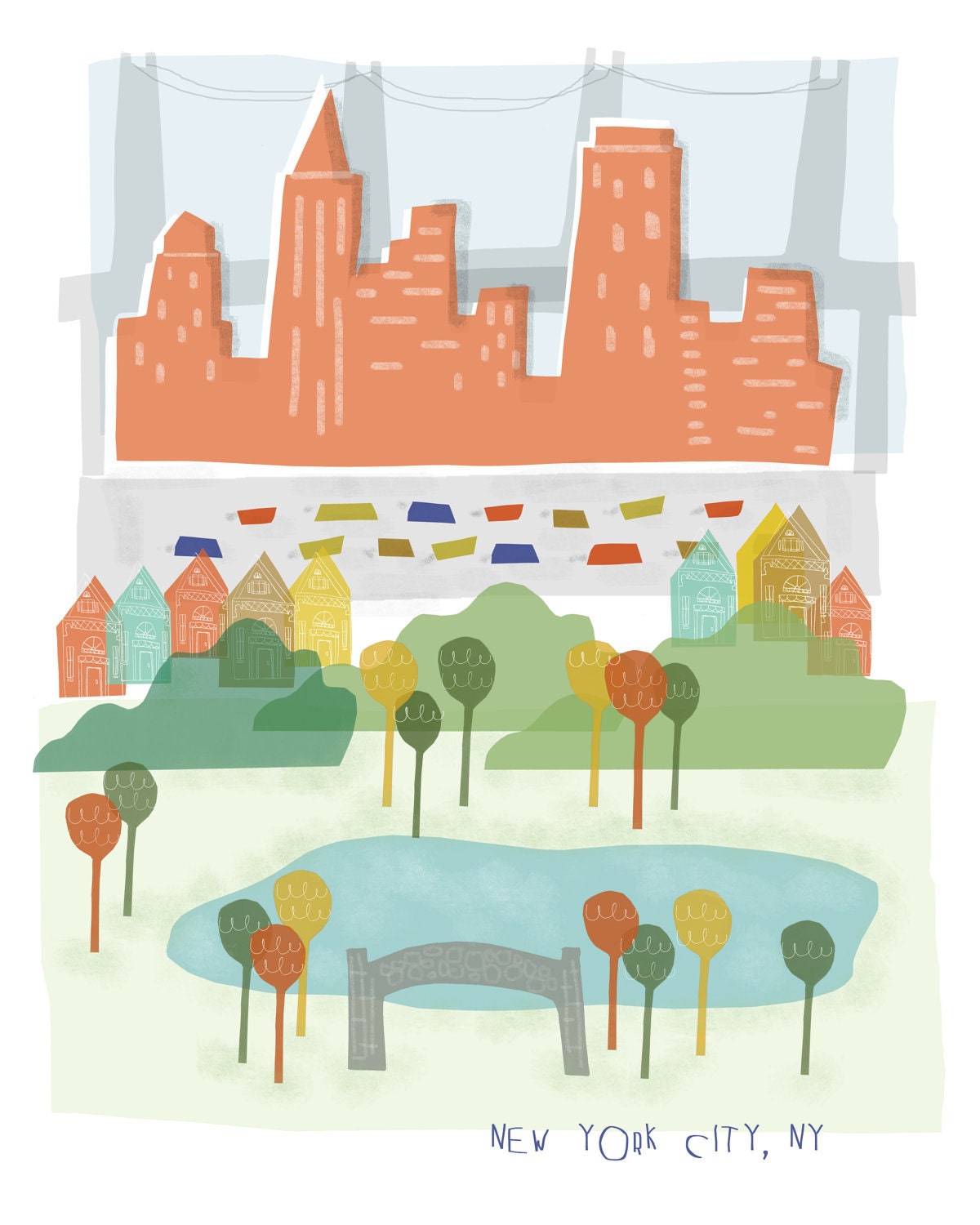 New York City art print illustration - 11x14 - NYC NY New York downtown skyline city poster wall decor