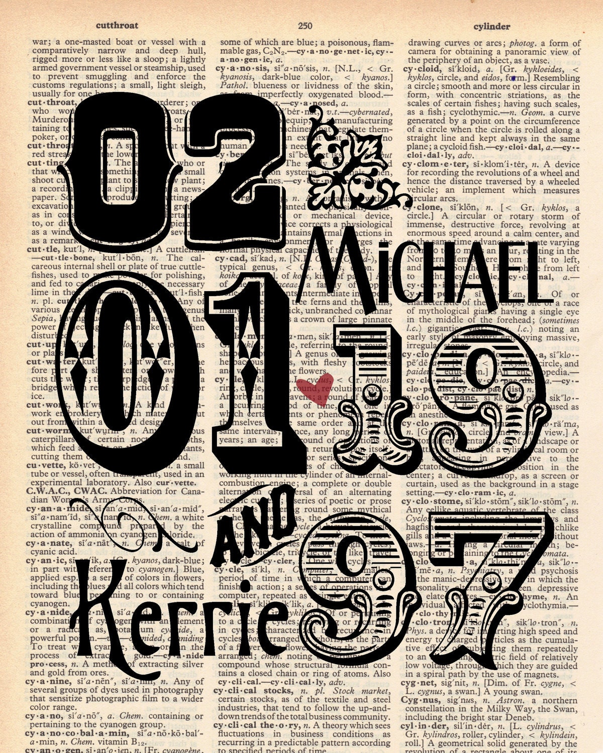 Custom Wedding Anniversary Dates and Names Art on Vintage Dictionary Page