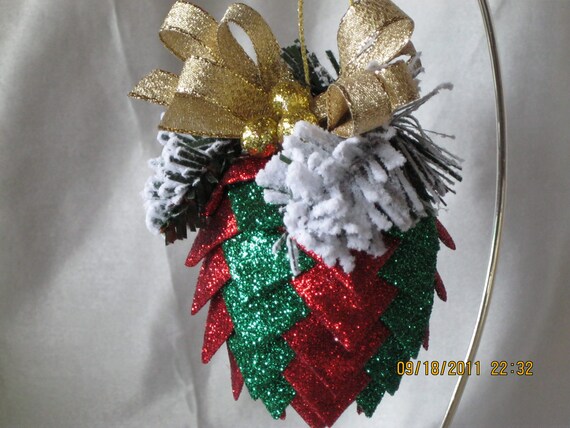 Glittered ribbon pinecone ornament - THEFEATHERMERCHANT