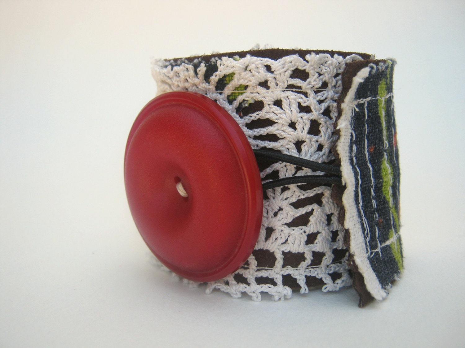 Button Bracelet - Recycled Leather and Vintage Linen Cuff