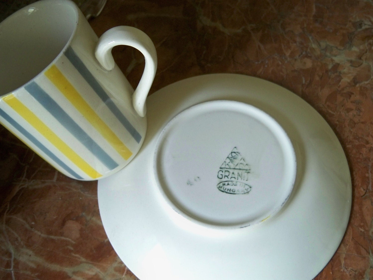 Vintage Cup and Saucer Striped Yellow and Grey