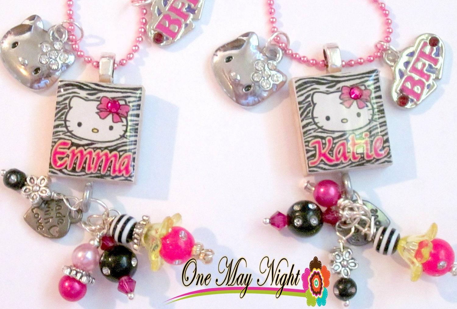 Personalized WATERPROOF Scrabble Pendants - Hello Kitty Zebra Best Friends (or Sister) Name - Water Proof Beaded Charm Necklaces - In Tins