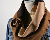 Upcycled Multi-Brown Ribbed Jersey Womens Scarf with Flower Pin, Accessory - TrendyEarth Upcycled Multi-Brown Ribbed Jersey Womens Scarf with Flower Pin, Accessory - TrendyEarth