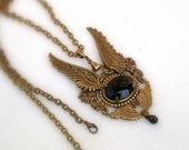 Gothic Brass Wings Pendant - Black Crystal and Angel Wings Necklace - Women Gothic Jewelry - Angel Wings Necklace