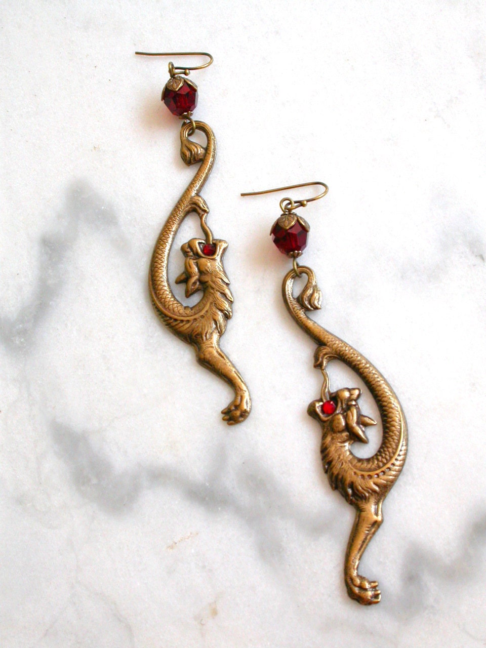 Golden Chimera - Mythical Gothic Earrings - Aged Brass, Ruby Swarovski Crystals - Fantasy  Gothic Jewelry