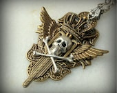 Royal Skull - Gothic  Brass Necklace - Scull and Bones Necklace - Fantasy Gothic Jewelry - Wings Jewelry
