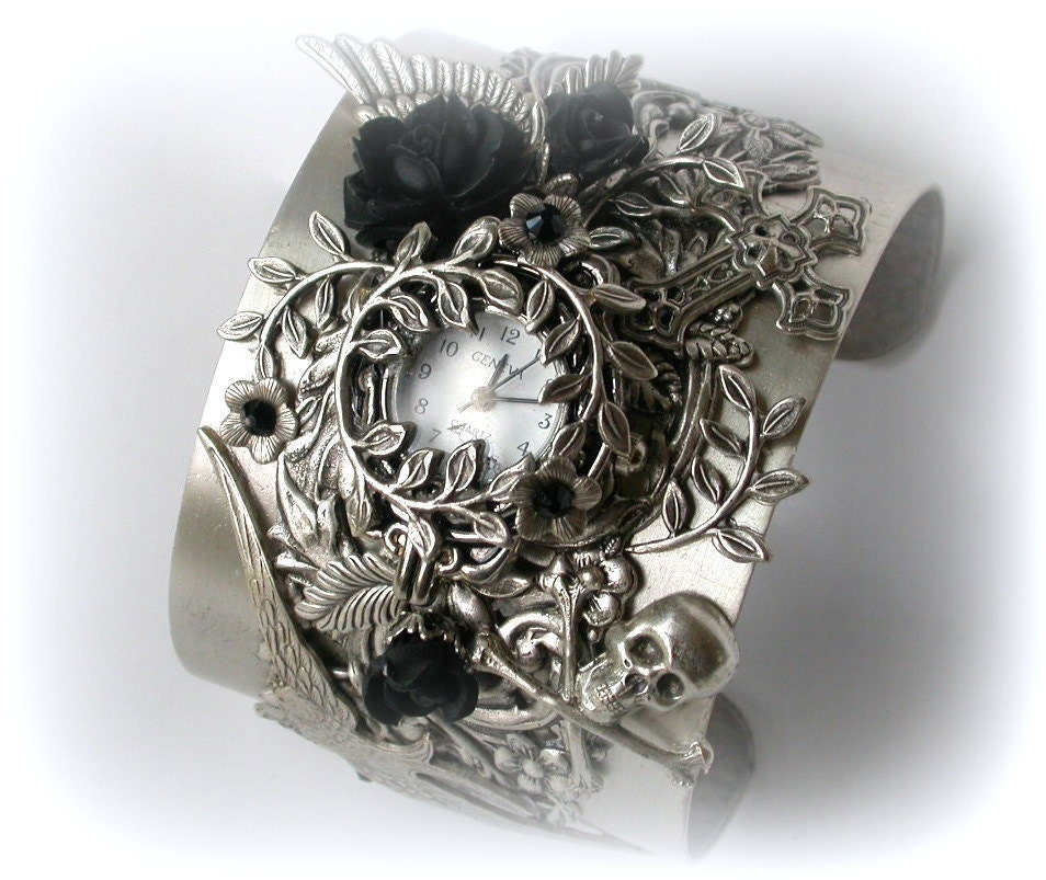Gothic Silver Watch Cuff Bracelet - Victorian Women Wrist Watch - Gothic Victorian Jewelry