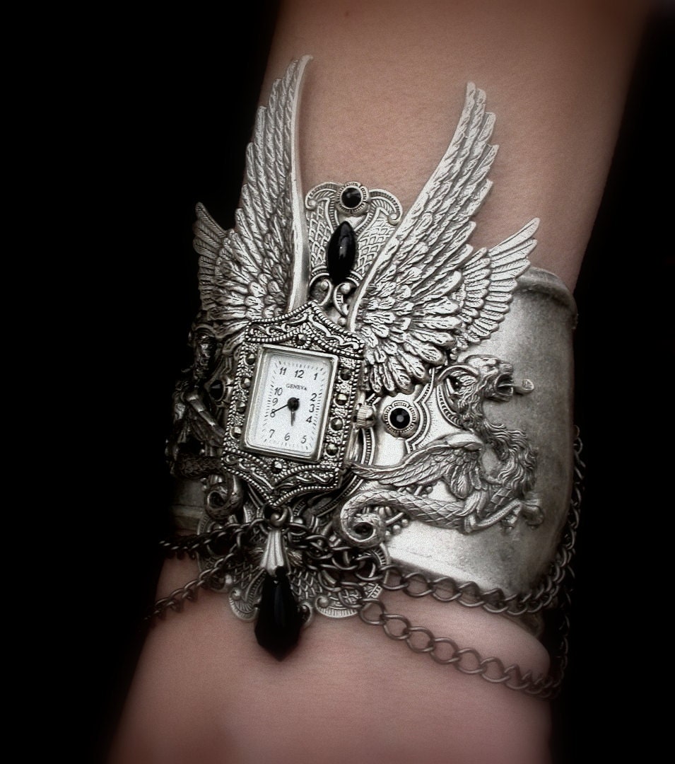 Gothic Steampunk Cuff Watch - Men Women Silver Wrist Watch - Gothic Jewelry