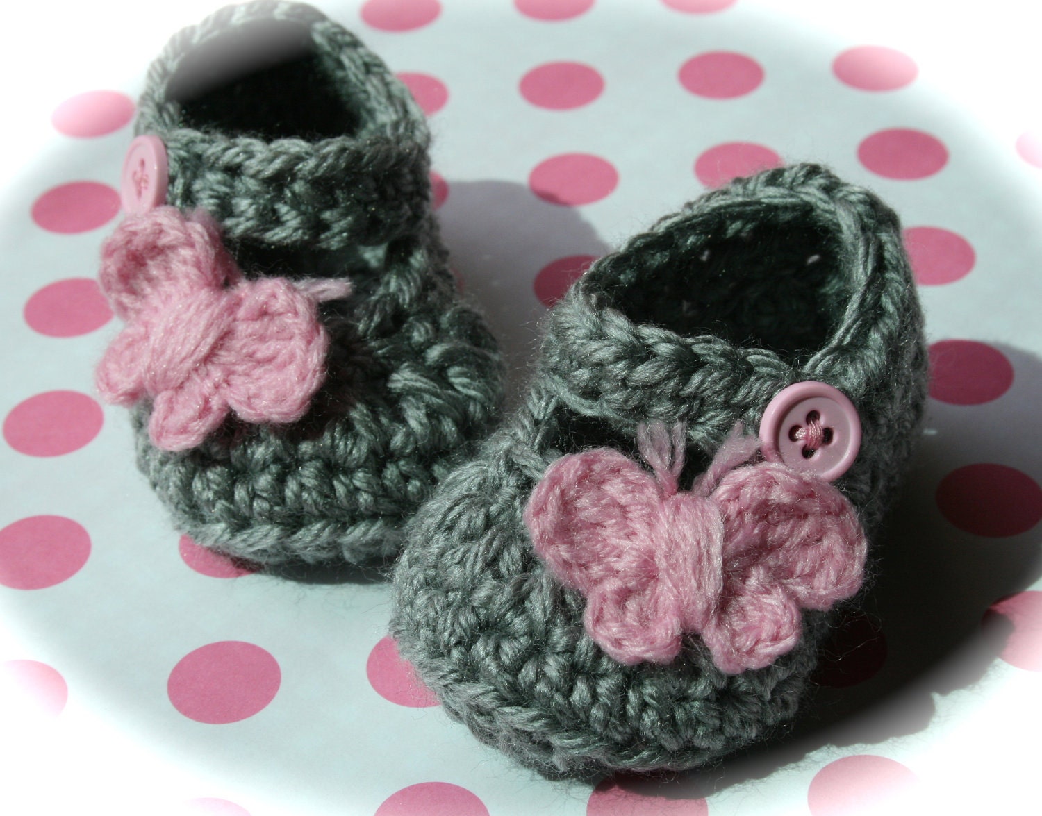 Gray and Pink mary janes butterfly baby girl gift shower gift shoes slippers booties butterflies pink buttons