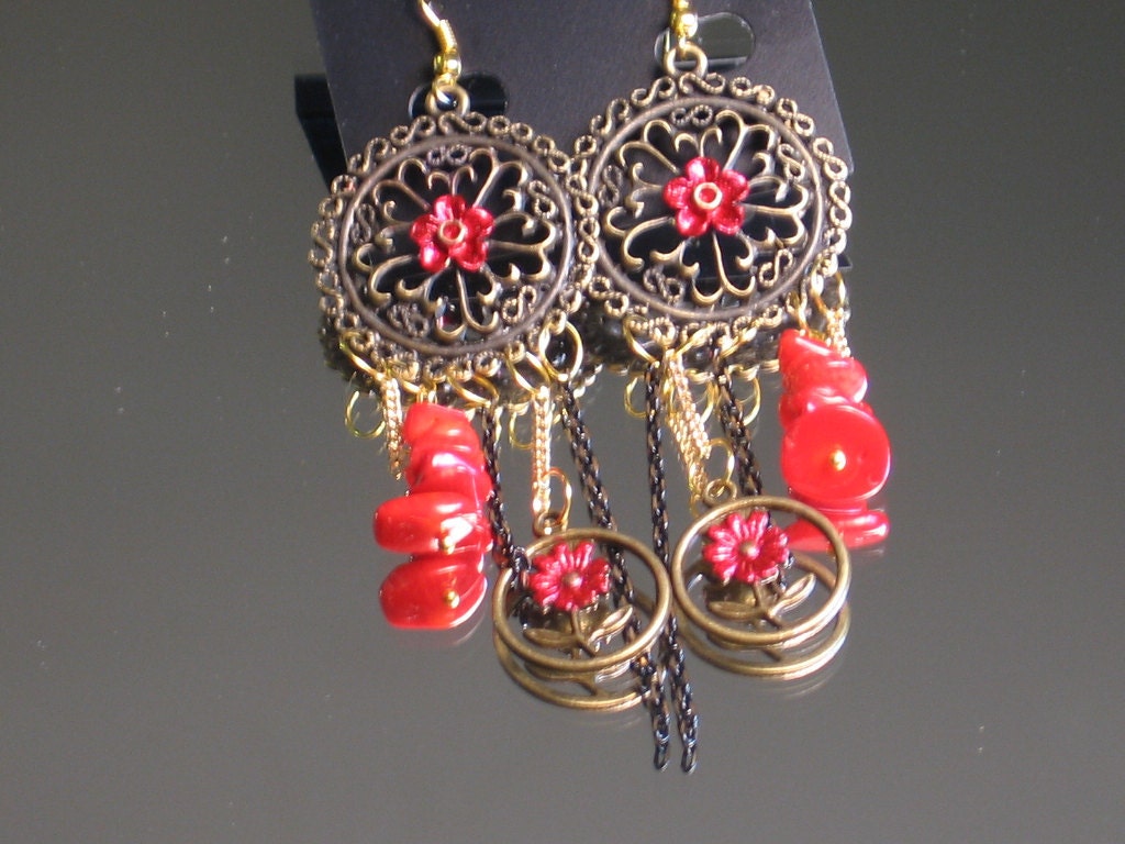 Red flower Bronze Gold Earrings Chandelier. Golden tapering chains and red gemstone accents. GP Ear wires.