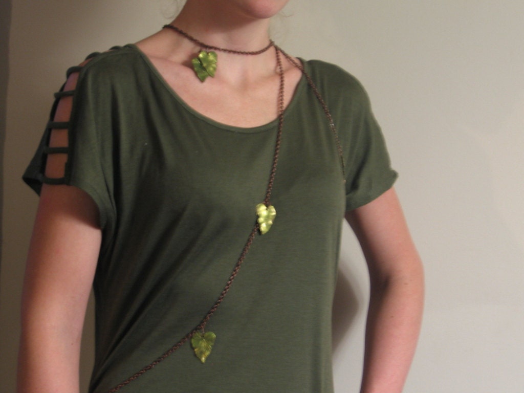 Necklace Body Chain.One with earth. Engulfed in vines.Copper chain w metal sunshine filtered leaf green leaves. Adjustable.