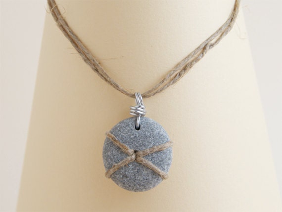 Beach Pebble Necklace, Zen, Yoga Style, Unisex Hipster Urban Jewelry by HappyEmotions, Sea Stone, Linen Twine, OOAK  (S020), Rocks