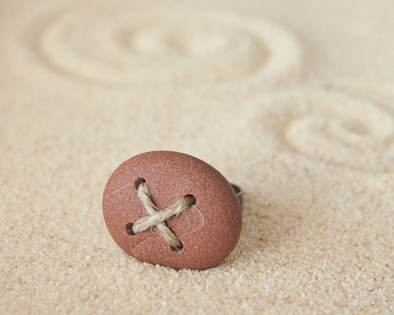 Beach Pebble Ring, Zen, Yoga Style, Boho, Unisex Hipster Urban Jewelry by HappyEmotions, Sea Stone, Linen Twine, OOAK, Rocks