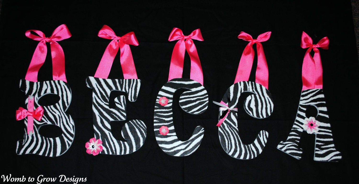 Handmade Personalized Wooden Wall Letters- YOU DESIGN- Fits any room decor- Pink and Zebra Print