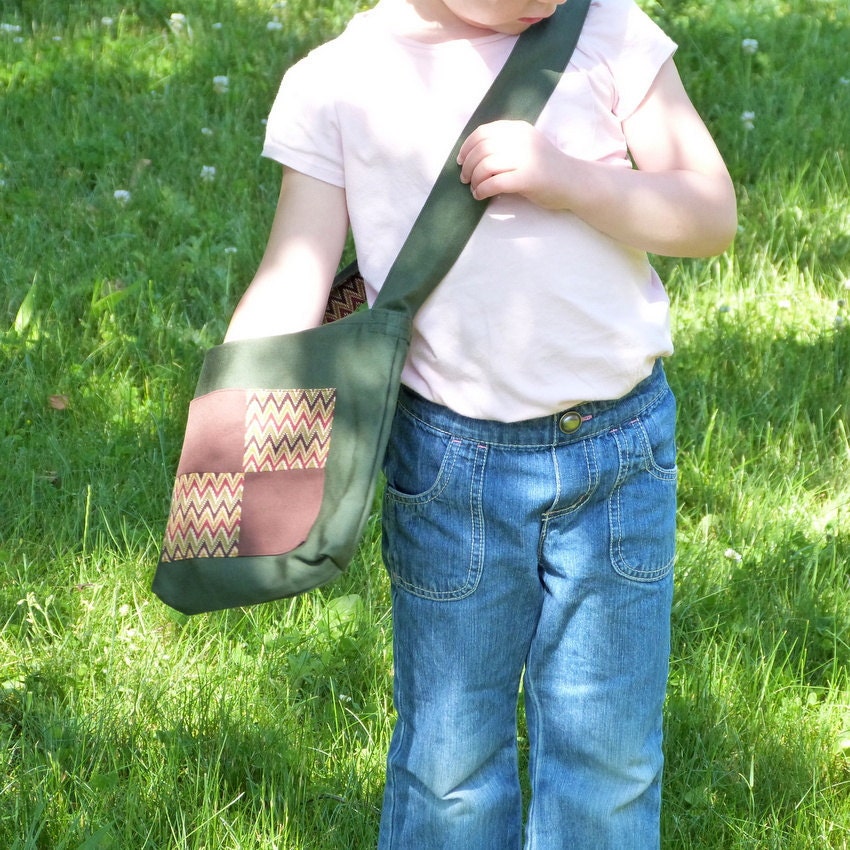 Kids Messenger Bag, Tote Bag in Brown and Olive, Washable, Free US Shipping