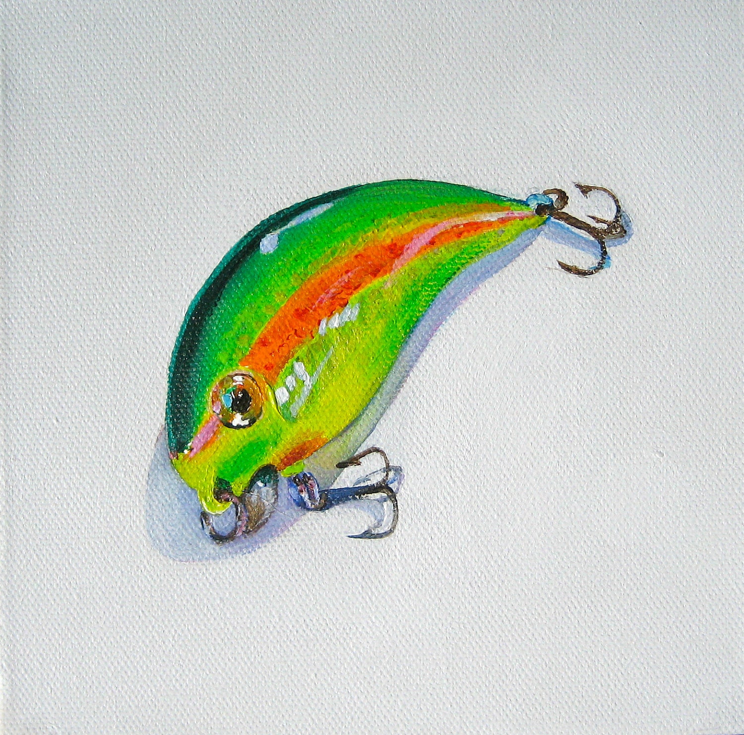 Fishing Art, Green Lure Original Painting, Acrylic on Canvas, 6 x 6 in. by Heather McCaw