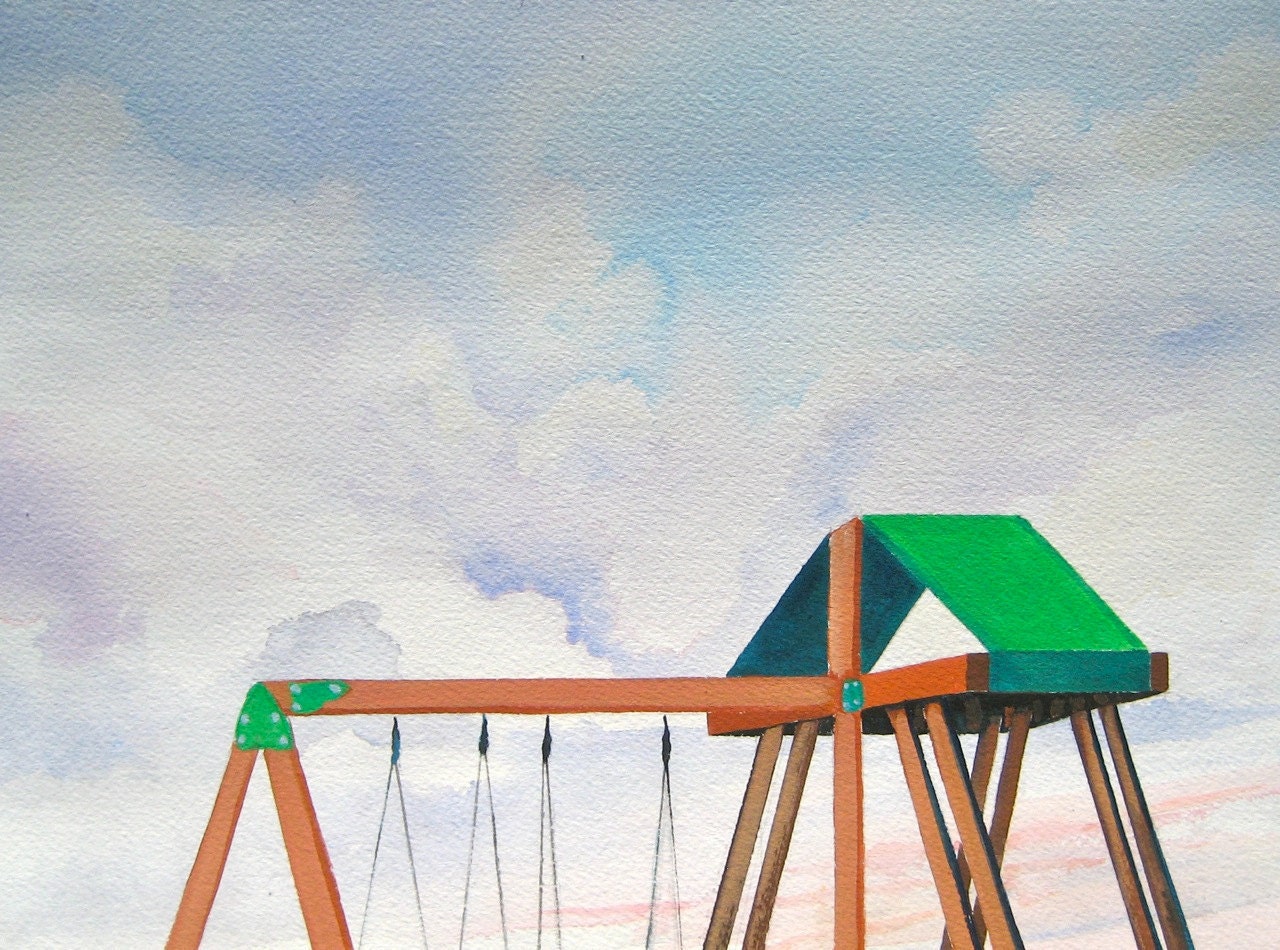 Swingset Painting, Original Gouache Watercolor, Children's Room Decor,  in. by Heather McCaw