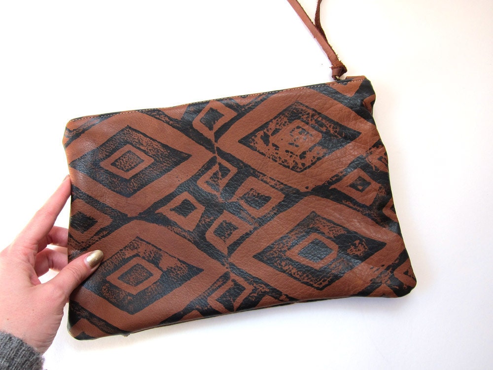Medium brown and black hand-printed leather diamonds clutch