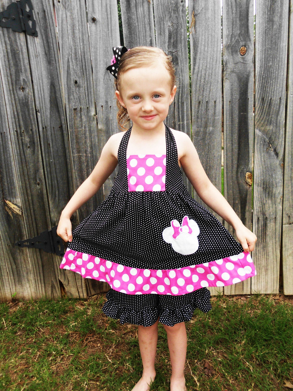 Minnnie Mouse Boutique Birthday Girls Halter Top Ruffle Shorts Pink Black White Dots M2M OTT Hairbow 12 18 24 2T 3T 4T 5 6 7 8