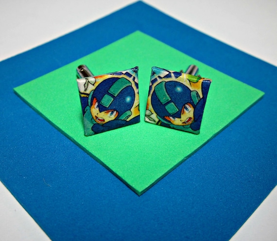 Mega Man Cufflinks. Video Game Comic Capture. Upcycled Recycled Capcom Comic Collage. Android. Wood Base.