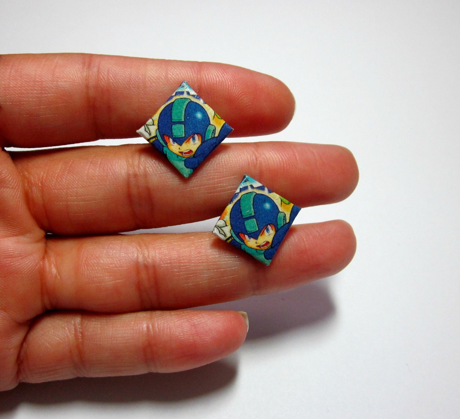 Mega Man Cufflinks. Video Game Comic Capture. Upcycled Recycled Capcom Comic Collage. Android. Wood Base.