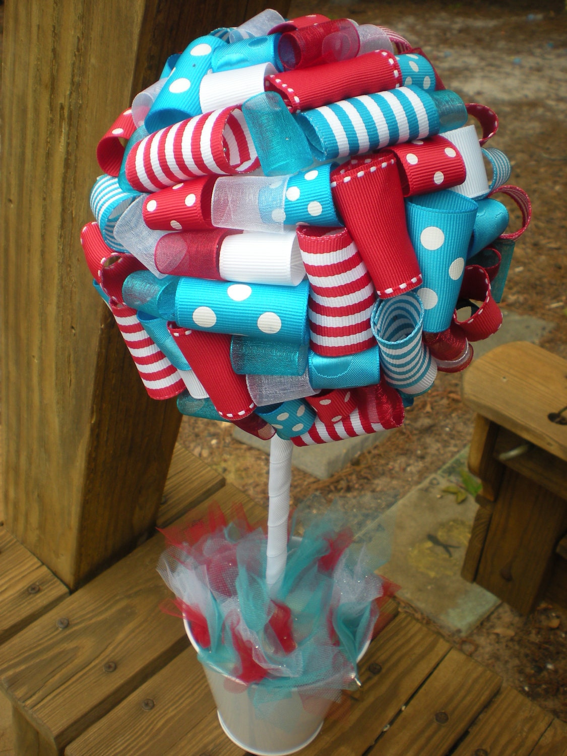 Ribbon Topiary in Dr. Seuss Blue, Red, White, Party/Shower Decoration, Centerpiece: Small Size