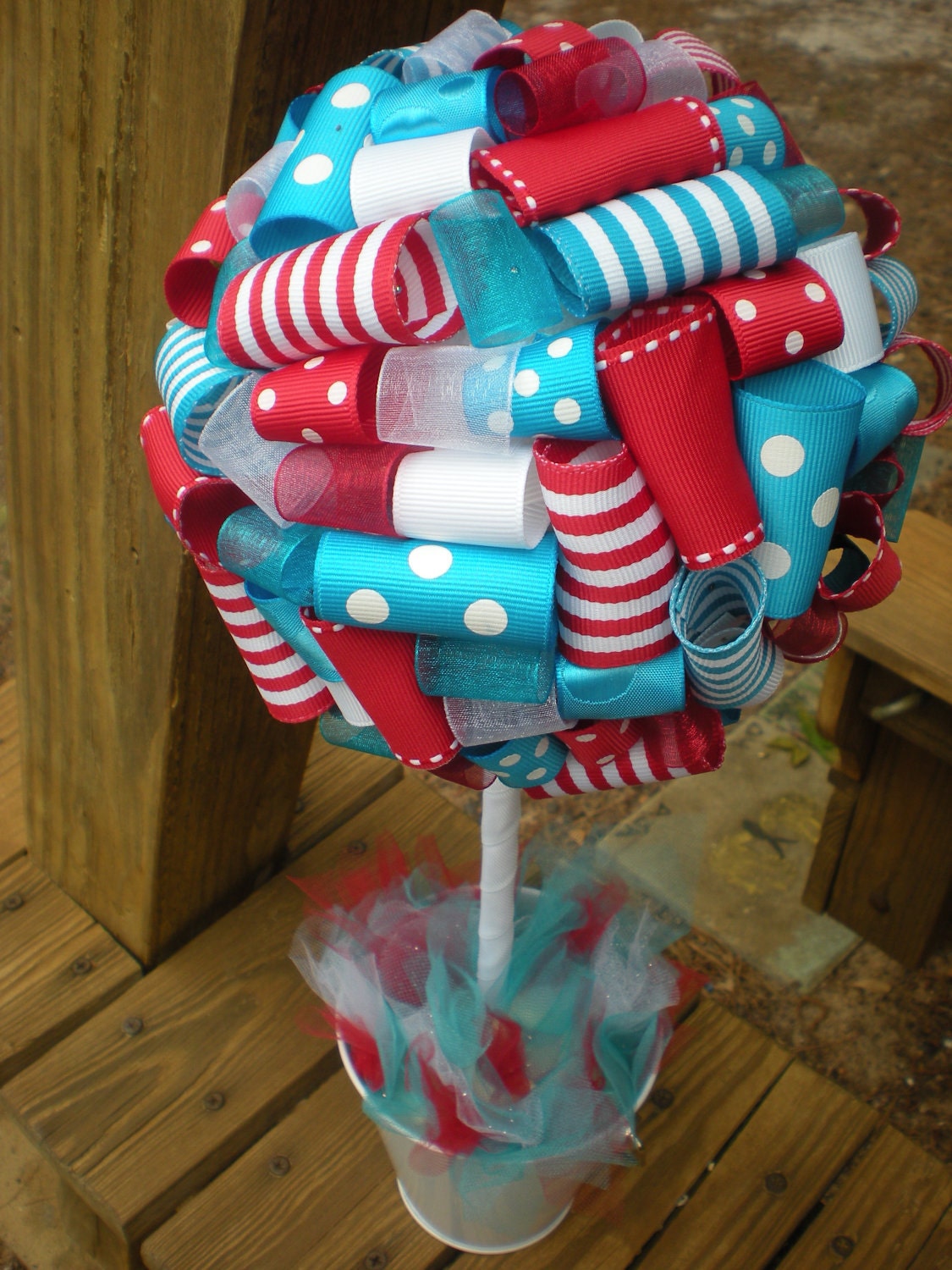 Ribbon Topiary in Dr. Seuss Blue, Red, White, Party/Shower Decoration, Centerpiece: Small Size