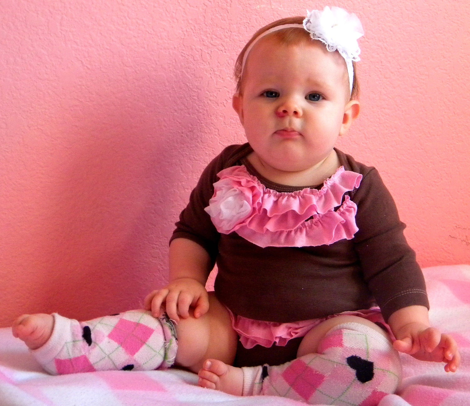 Long sleeve brown and pink baby girls onesie tutu with white chiffon flower CUSTOM ORDER FOR Angele