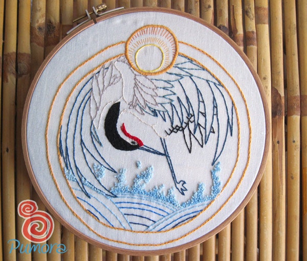 Embroidery Pattern 'crane between sun and ocean' PDF