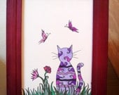 Cat art, Original drawing,  frame included, cat with flowers and butterflies "Purple cat in the grass"