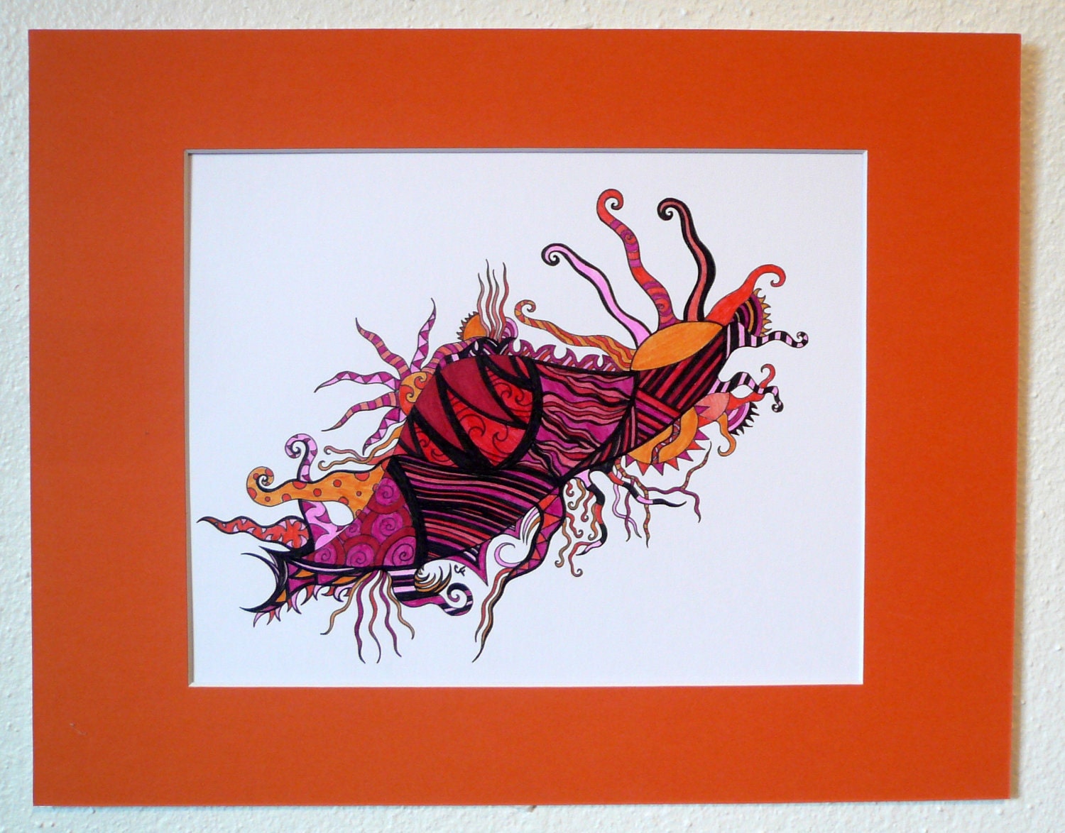 Original abstract pen and ink drawing Red, orange pink and black   "Sun Splash"