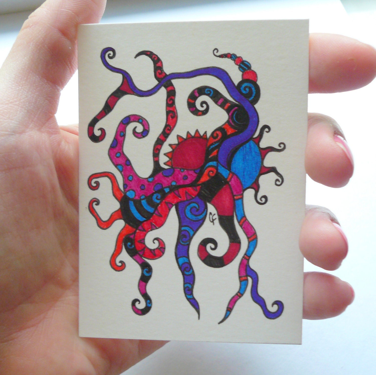 Original Art trading card pen and ink drawing, abstract art, blue, red and pink ACEO, ATC