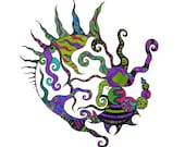 Original abstract pen and ink drawing circles, purple,  pink, green and black  "Turbulence"