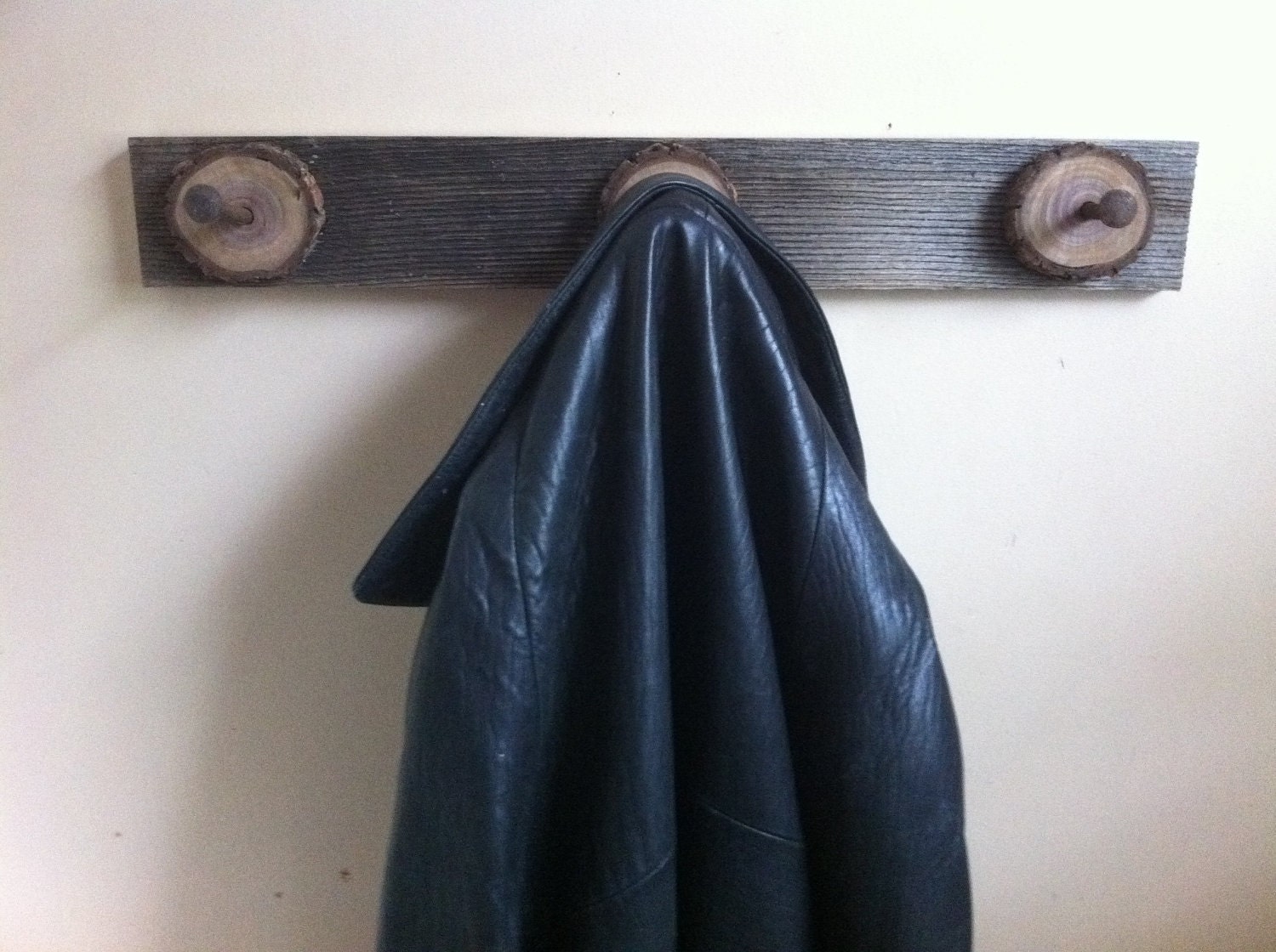 Rustic Oak Barn Wood and Walnut Coat or Towel Hanger - With Vintage Reclaimed Bolts reclaimed wood