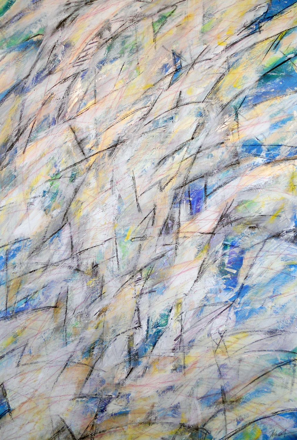 4-29-12,  ( LARGE abstract painting, green, blue, gold, yellow, white, cream)