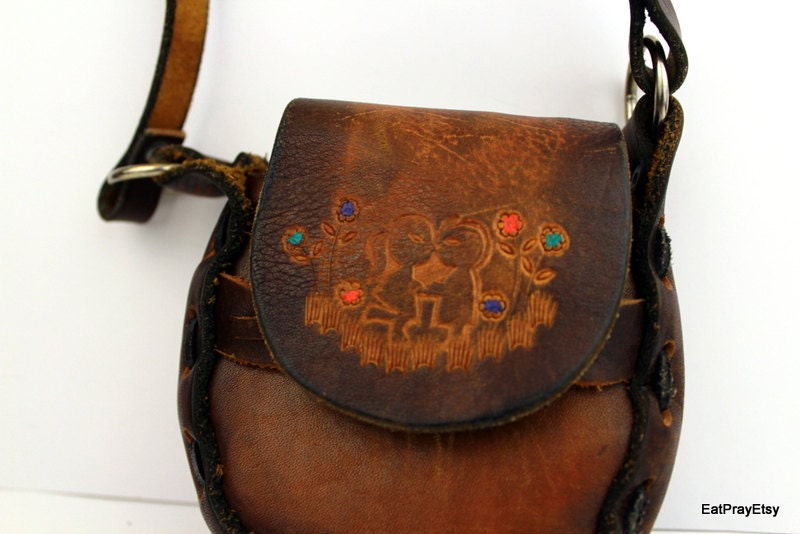 Vintage Leather Bag Mini Hipster leather bag Flower Child 1970 Purse Kissing Kids