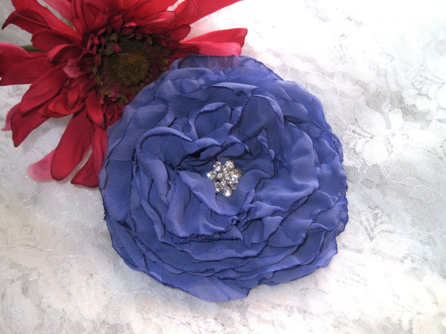 Periwinkle Purple Chiffon Bridal Wedding  Bridesmaid Mother of the Bride Flower Fascinator Hair Clip Brooch Pin with  Rhinestone Accent