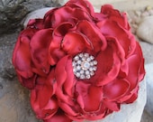 Red Satin  Bridal Wedding  Flower Fascinator Hair Clip Brooch with Beautiful  Rhinestone Accent - theraggedyrose