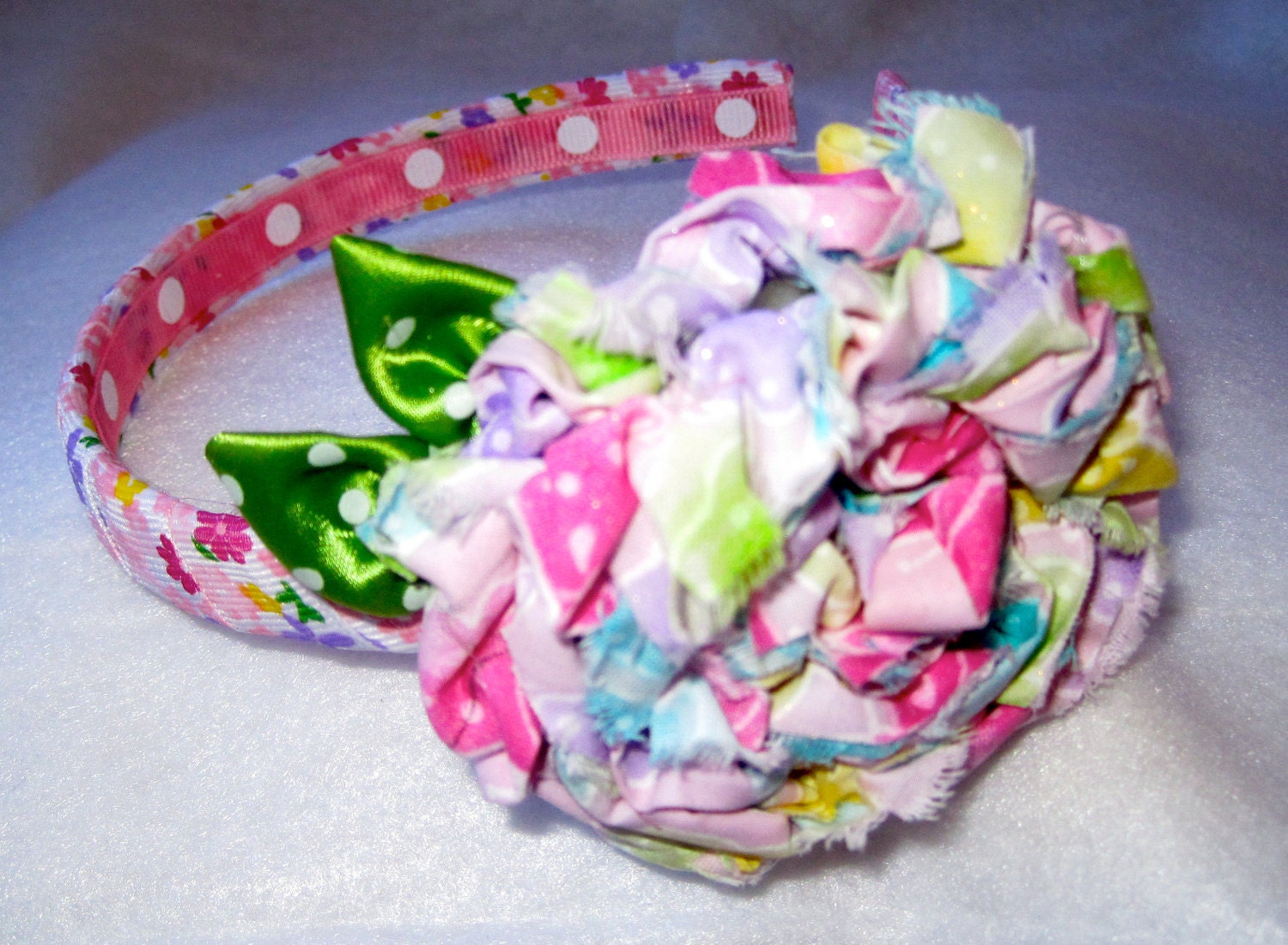 Headband Pink with Multi Colored Pastel Fabric Flower  for Baby, Toddler Little Girl or Adults