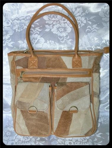 Store Sale on Now. Vintage Suede Large Leather Circa 1970's Soft Patchwork Tote Bag Purse beige and browns