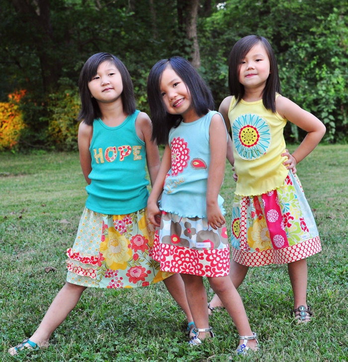 Faith Hope & Love skirt pattern.  Three skirts by Red Thread Stitches for Create H.O.P.E Designs